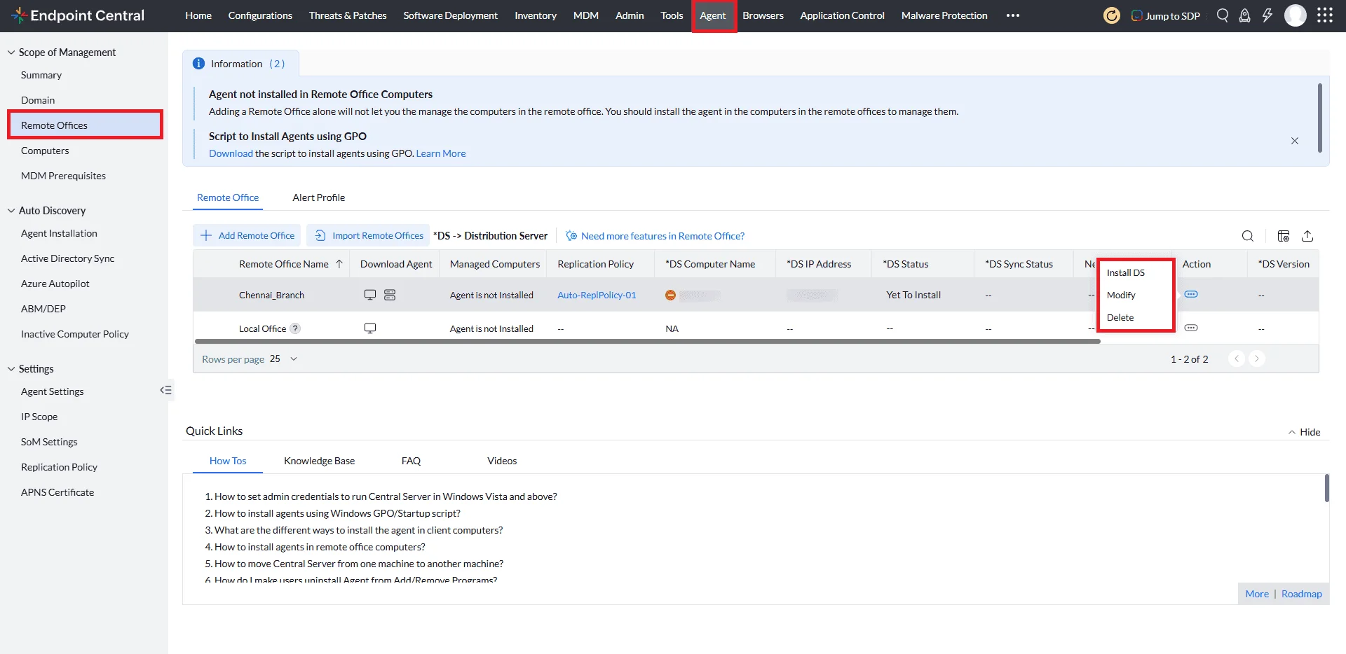 Selecting Install DS from the Actions column for the remote office