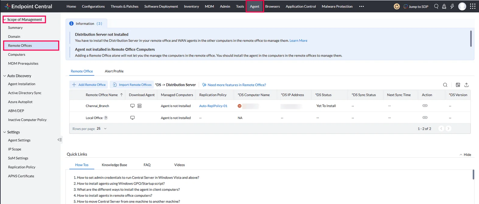 Remote offices list under Agent > Scope of Management