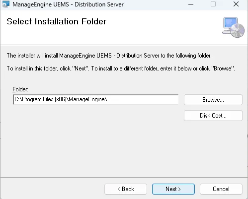 Selecting the folder path for the Distribution Server files