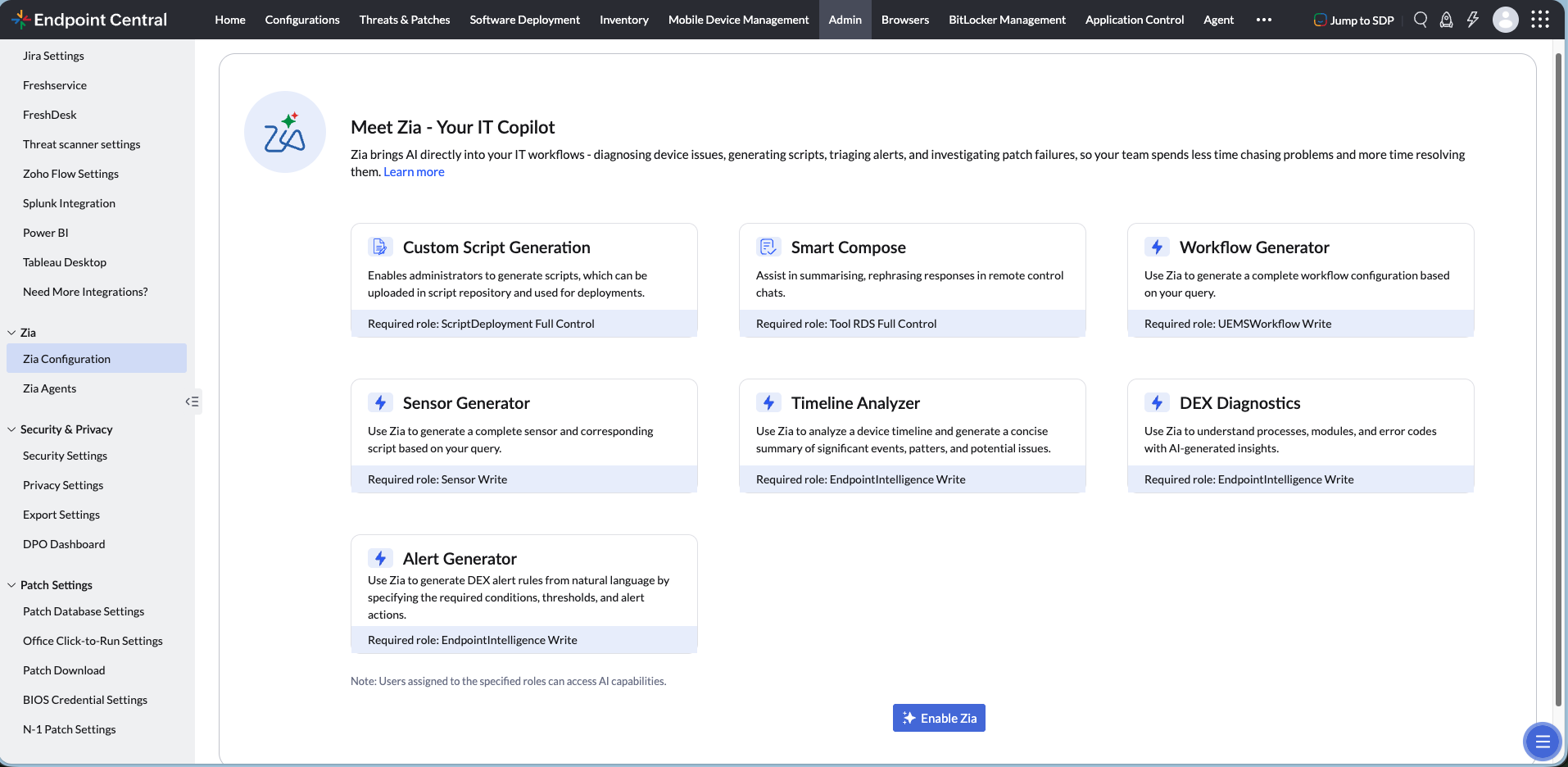 Endpoint Central Ask Zia feature cards screen Endpoint Central Ask Zia feature cards screen