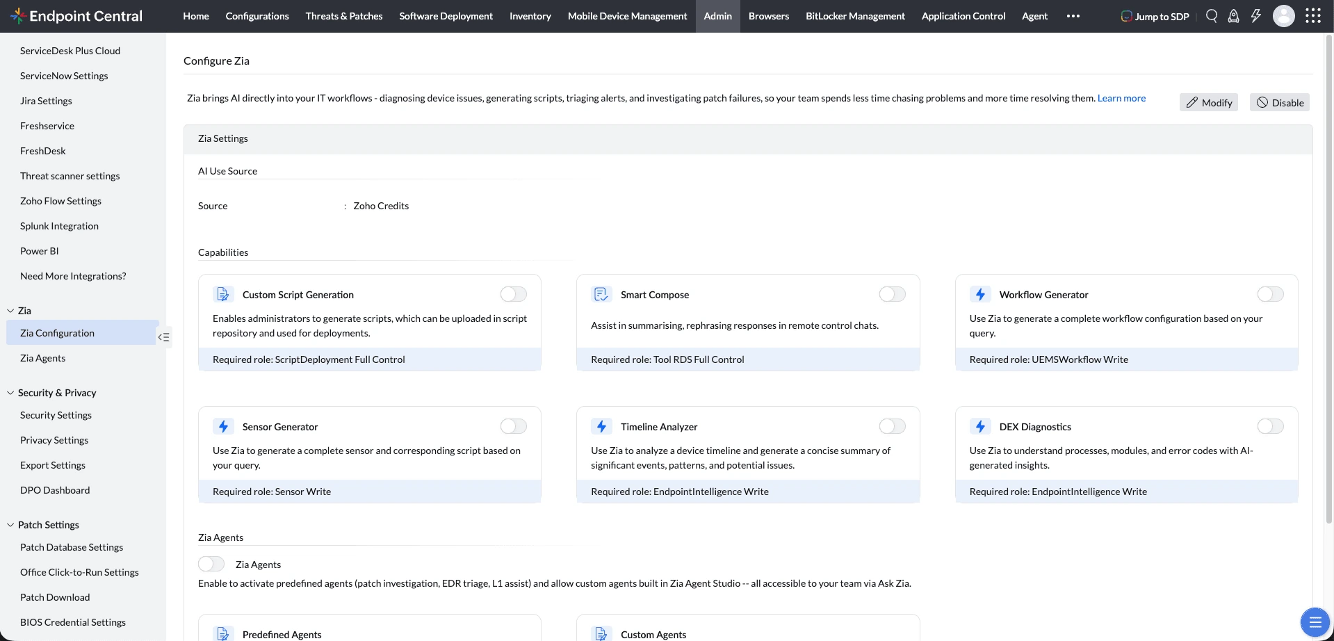 Endpoint Central configured Zia features screen Endpoint Central configured Zia features screen