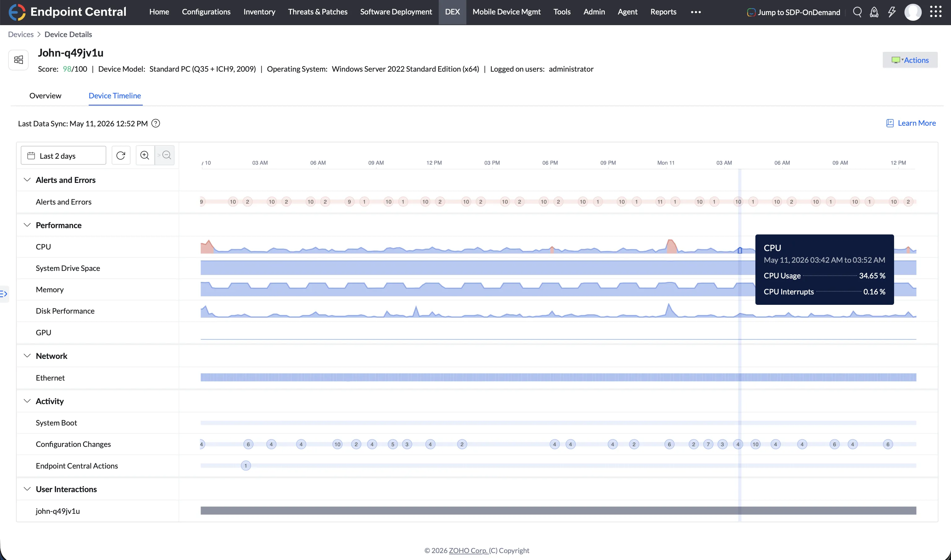 On hover of CPU metric in Device Timeline view