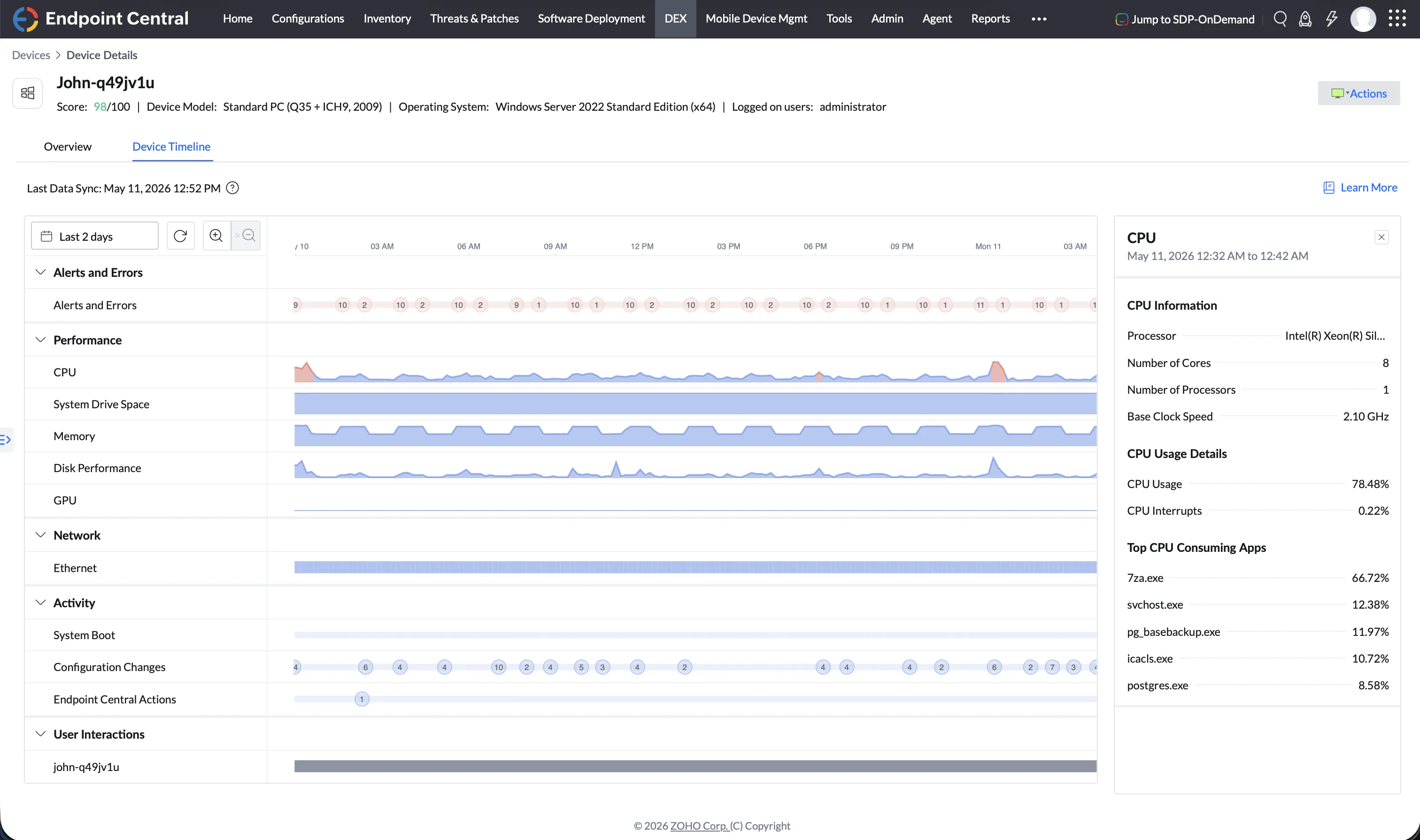 On Click of CPU metric in Device Timeline view