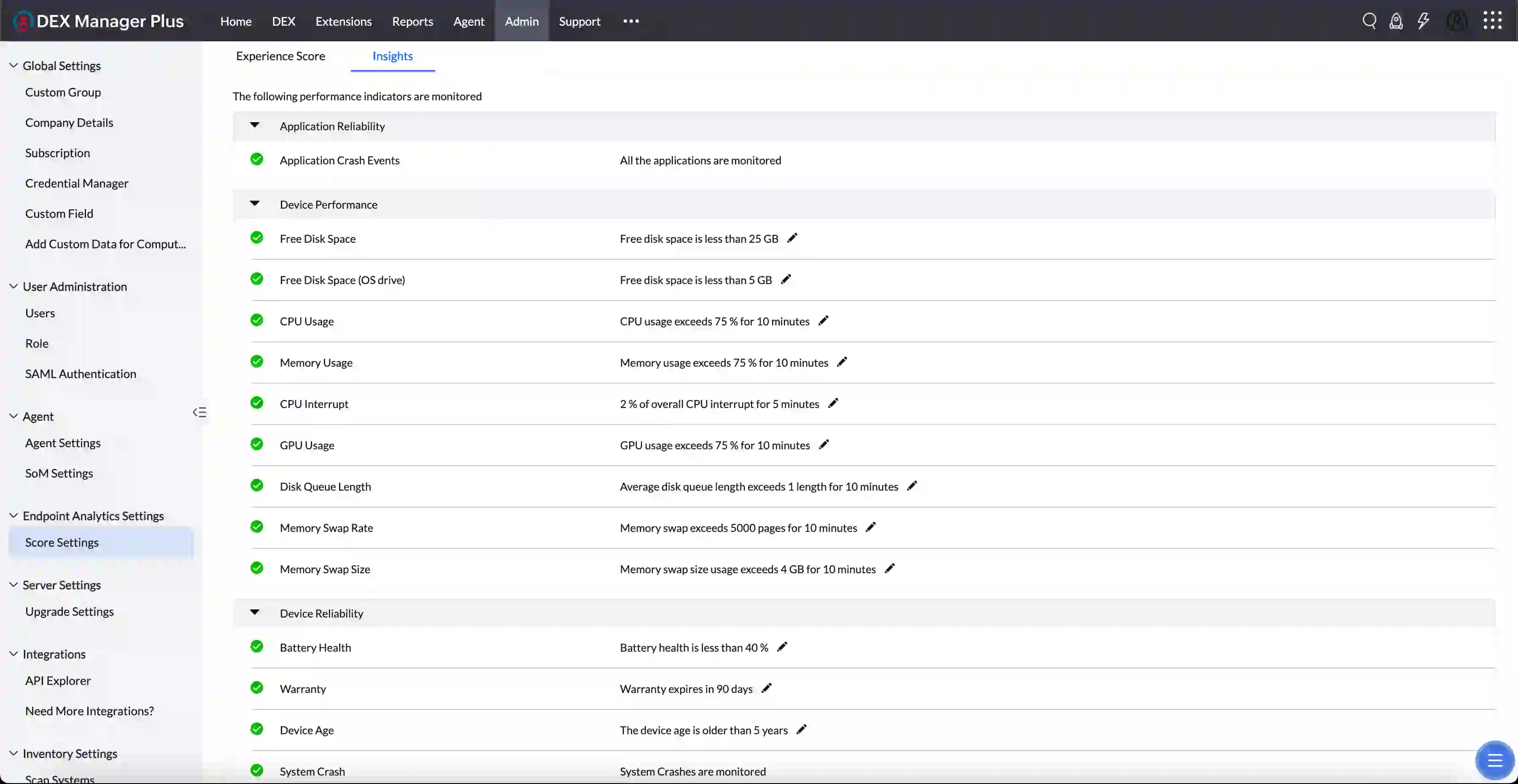 Insights Settings page showing configurable thresholds for each metric category Insights Settings page showing configurable thresholds for each metric category