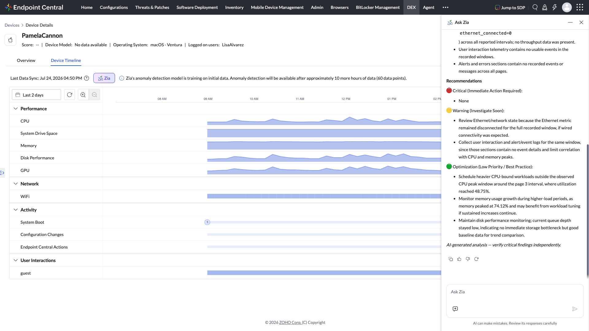 Ask Zia button on Device Timeline Ask Zia button on Device Timeline
