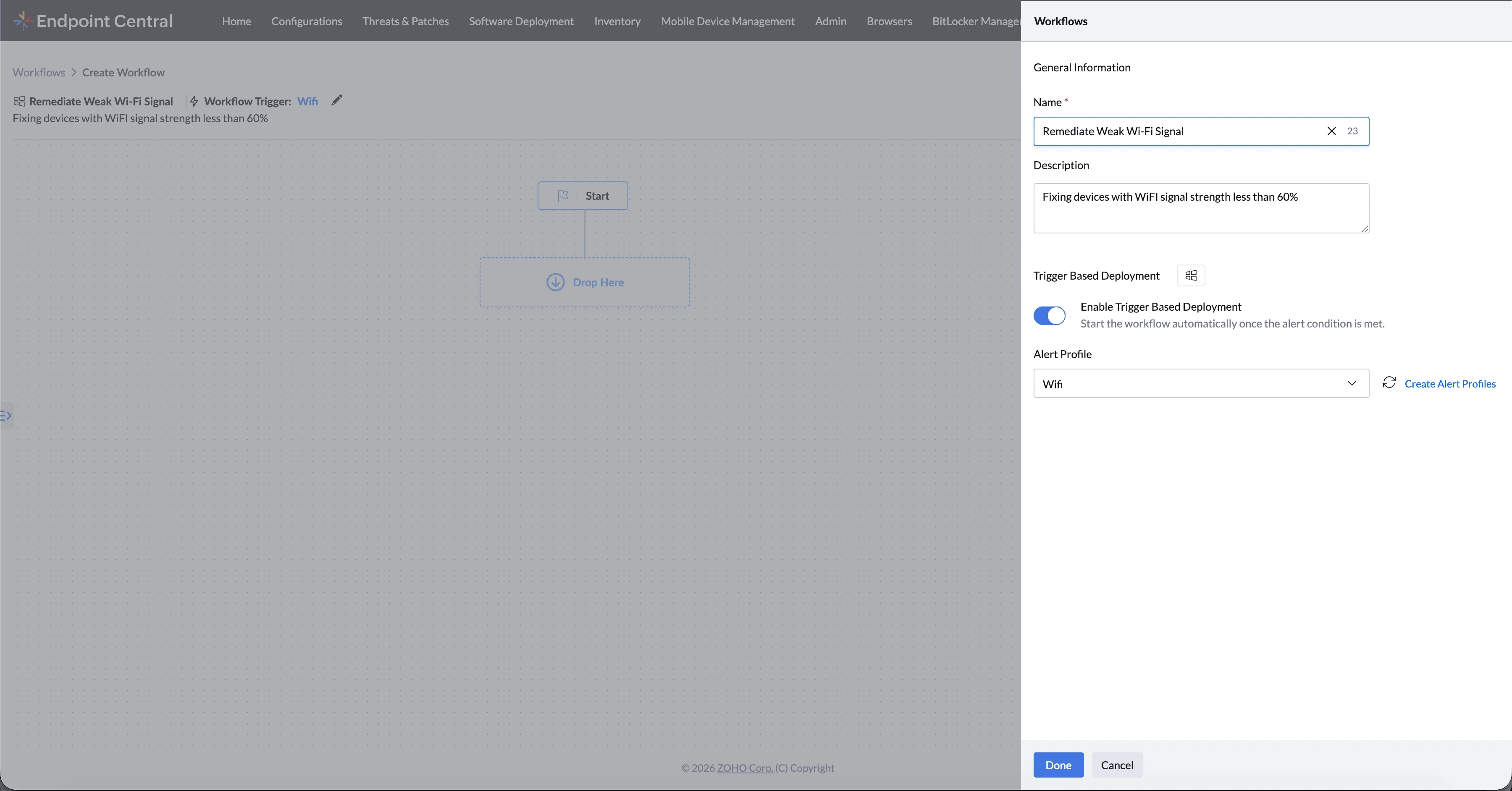 Workflow settings showing Enable Deployment Trigger and the mapped alert profile.