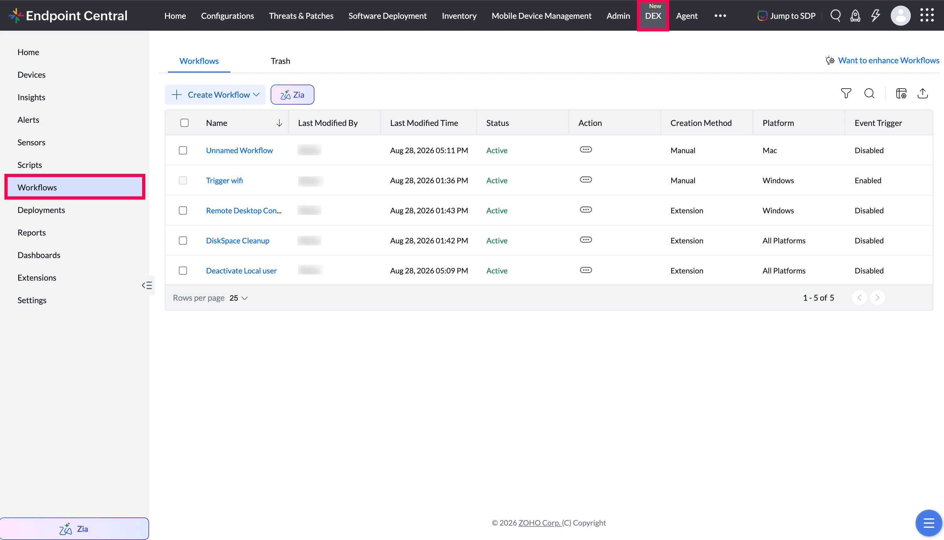 Workflows page showing the list of existing workflows and their details.