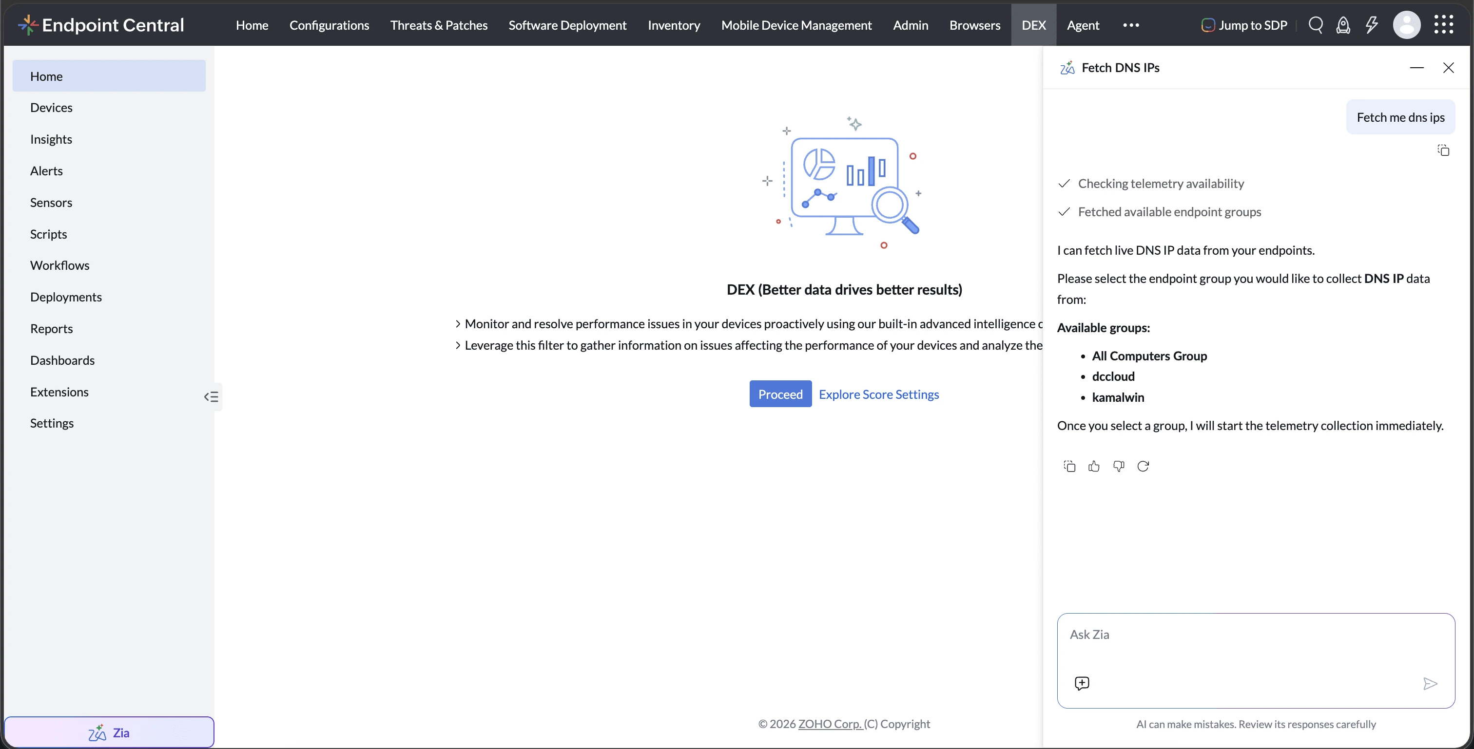 Zia checks telemetry availability and asks the administrator to select an endpoint group.