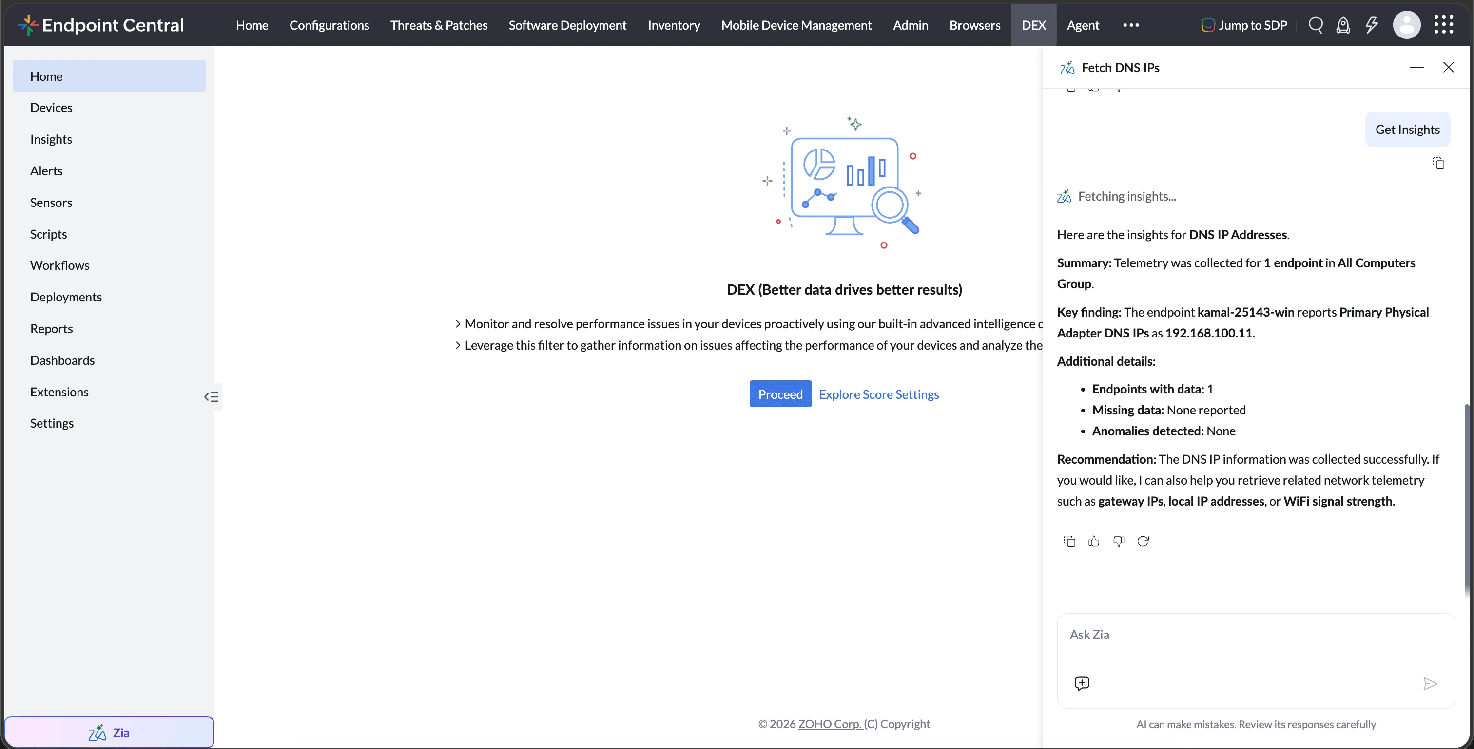 Zia displays the collected DNS telemetry, key finding, missing data, and recommendations.