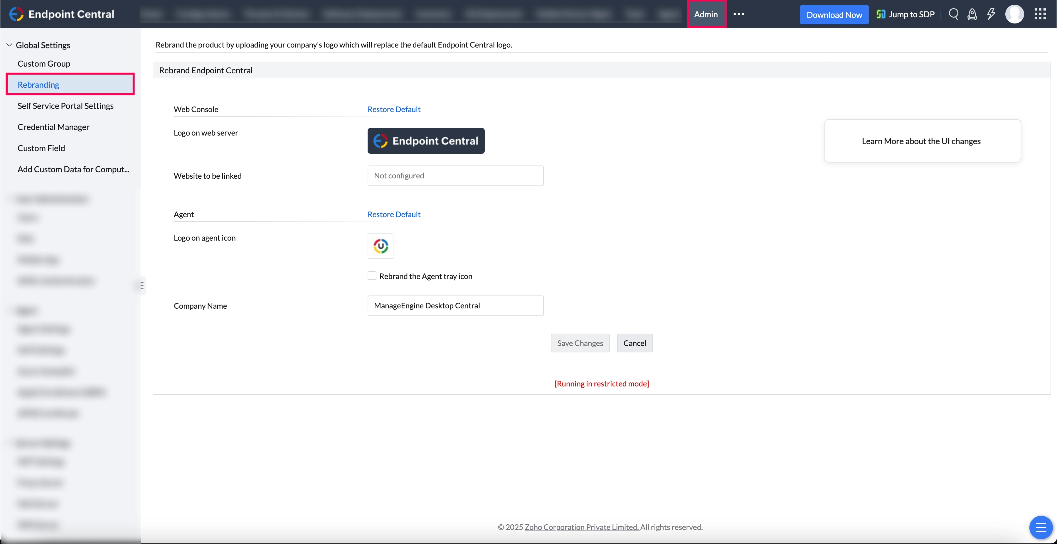 Rebranding settings page displaying options for modifying the logo and company name.