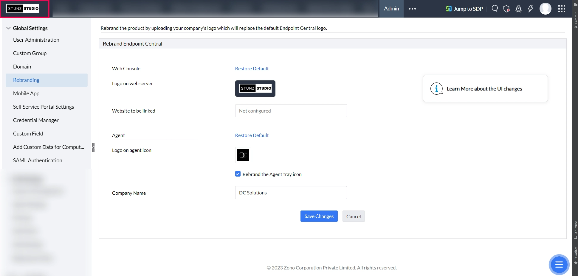 Web Console with company-specific branding after rebranding