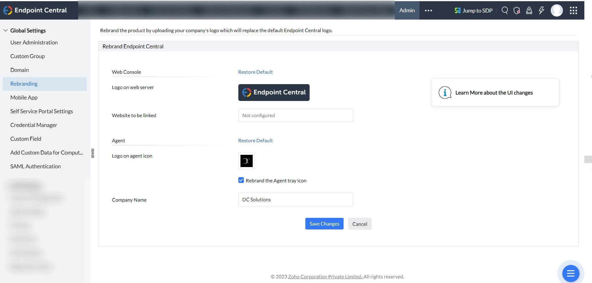 Web Console with default branding before customization