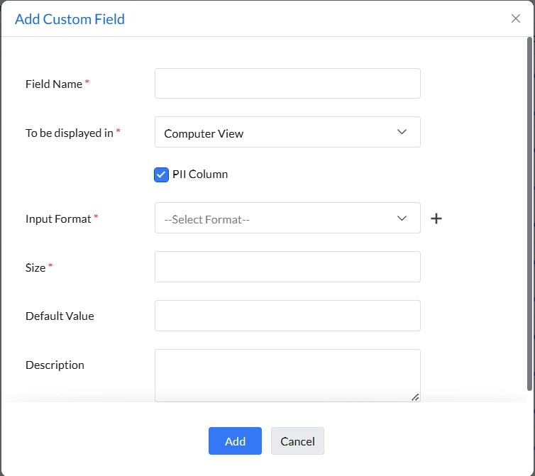 Providing the data type and other inputs for adding a new Custom Field.