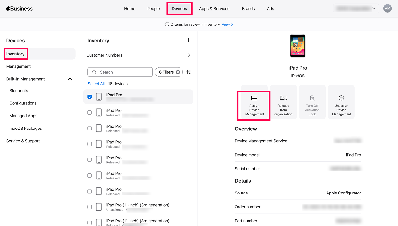 Assign device management Selecting Assign Device Management for the chosen devices in ABM