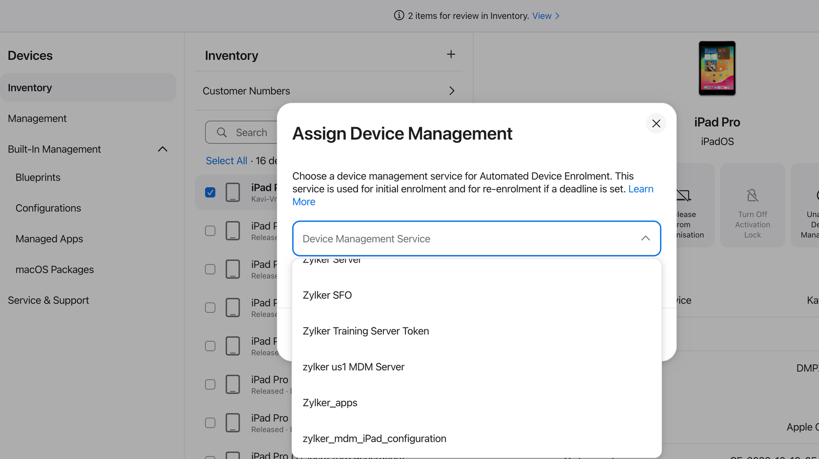 Select management service Choosing the Device Management Service from the dropdown to assign devices