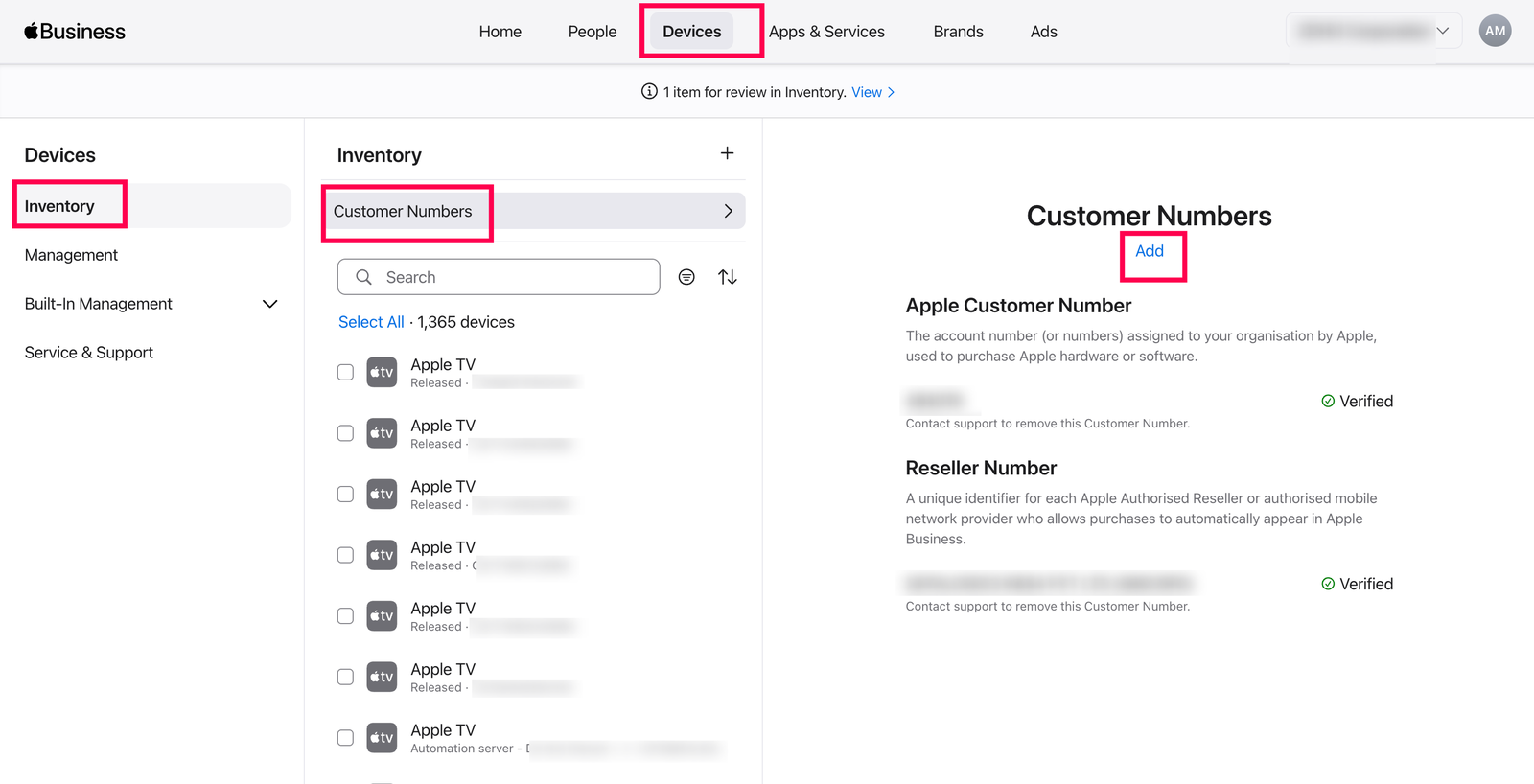 Add reseller details Adding reseller details under Devices > Inventory in the ABM portal