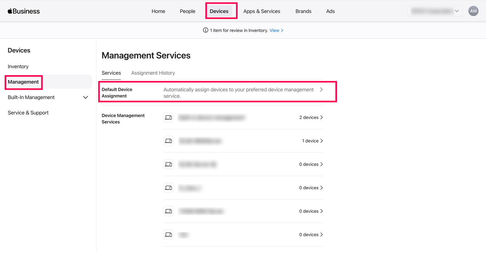 Set default assignment Selecting device-specific default servers under Default Device Assignment