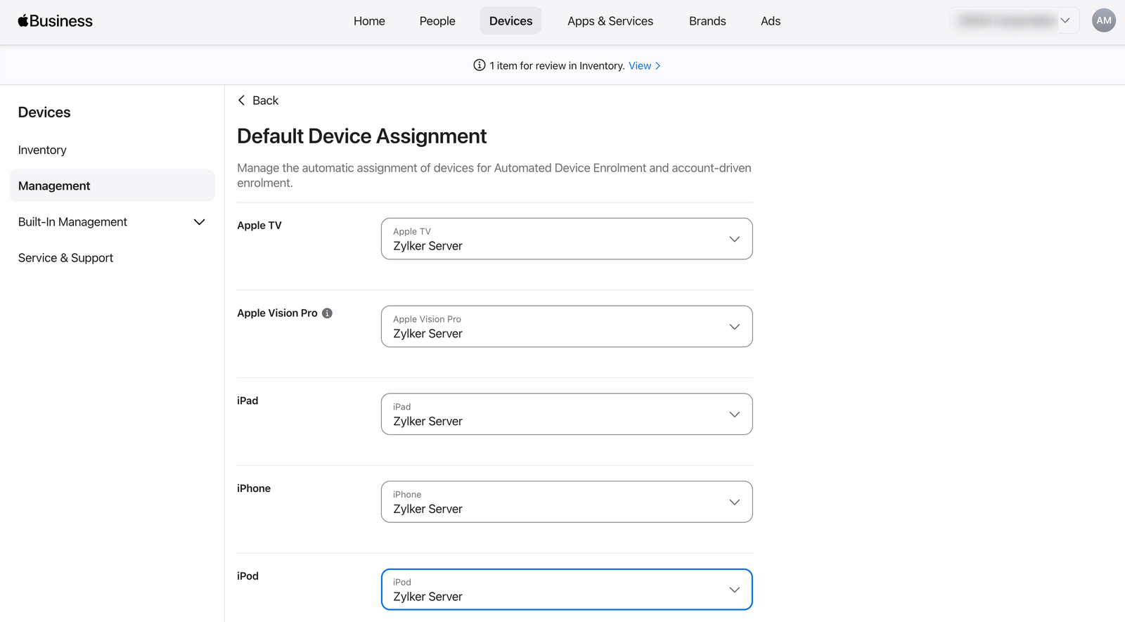 Save default assignment Saving the default device assignment configuration in ABM