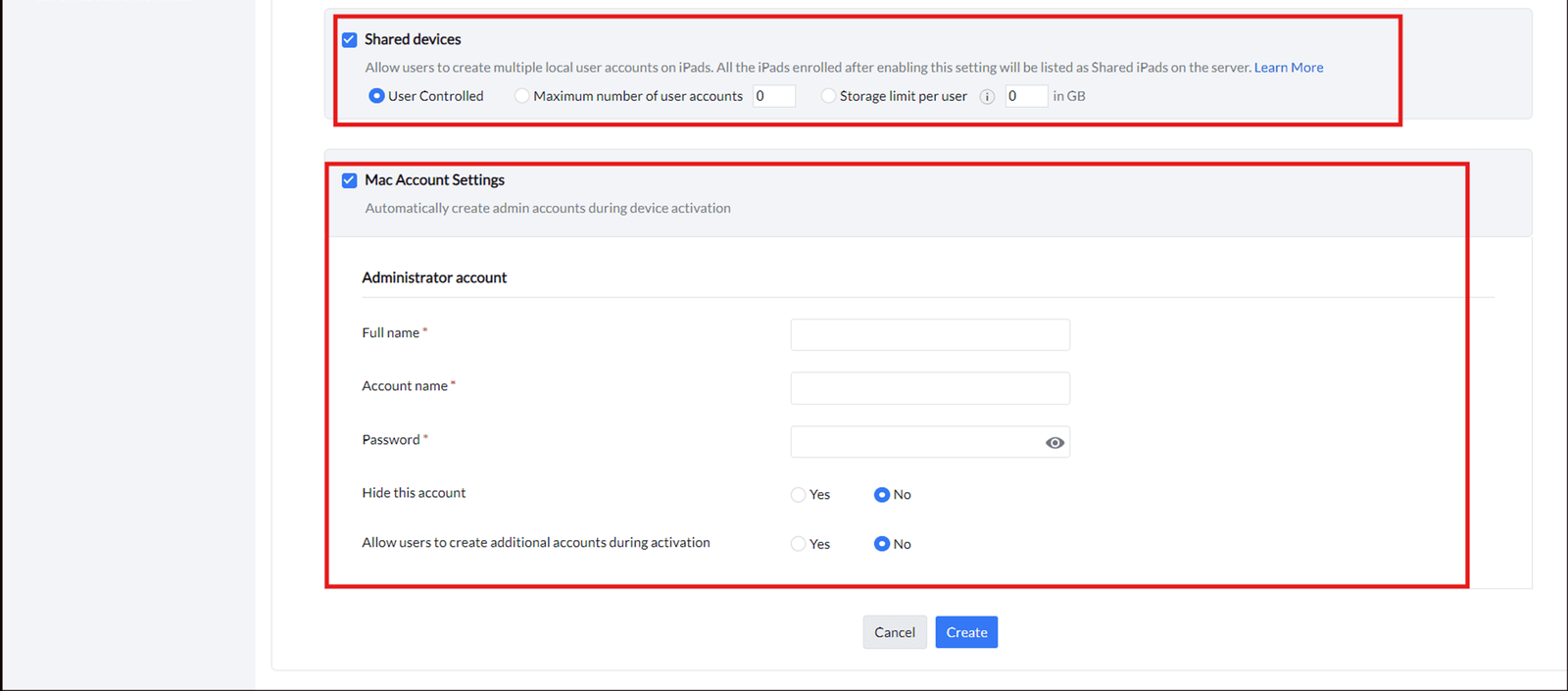 More activation settings Additional Device Activation Settings options in the MDM console