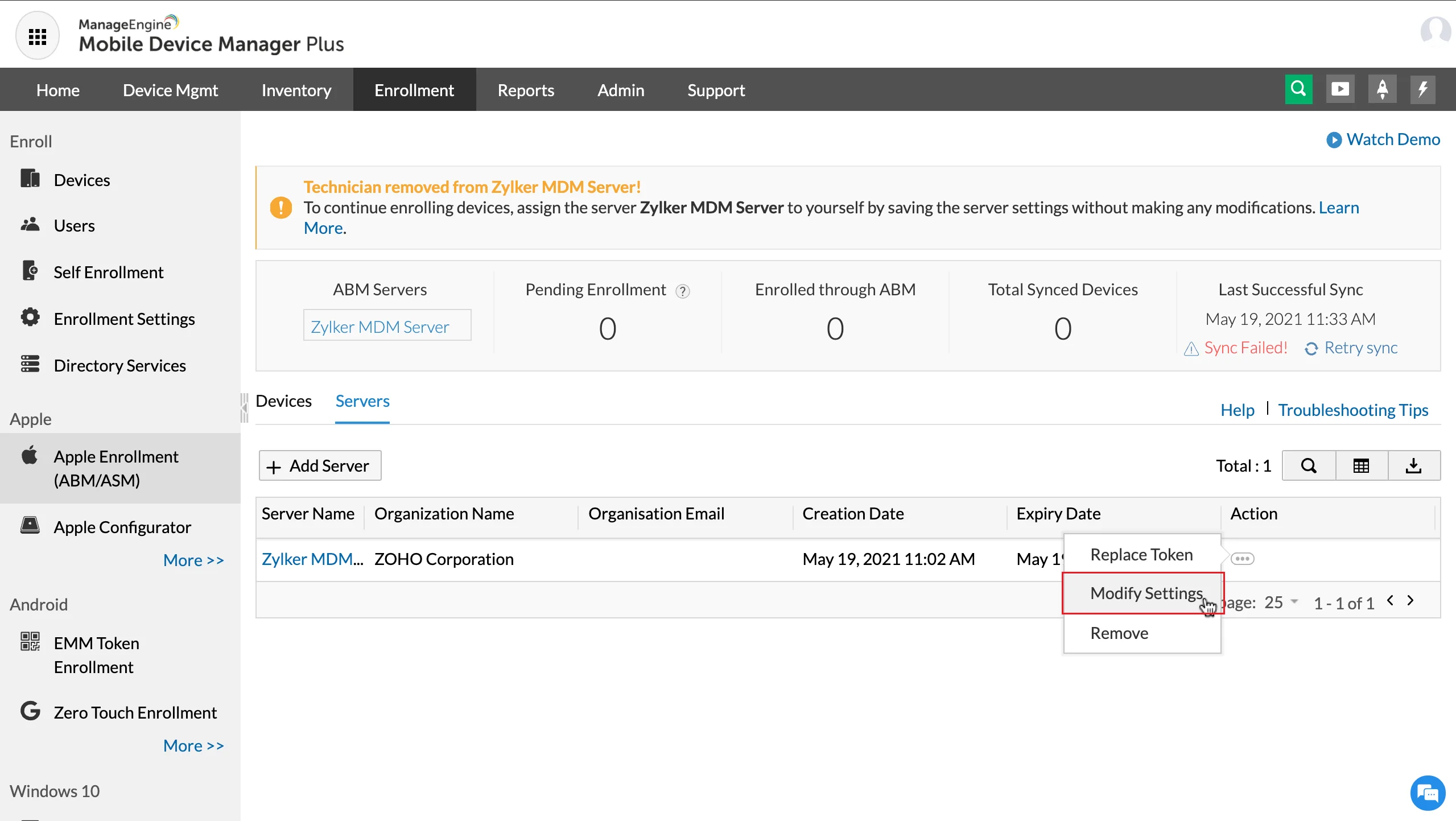 Reassign ABM server technician Modifying the ABM server to assign the current technician as owner