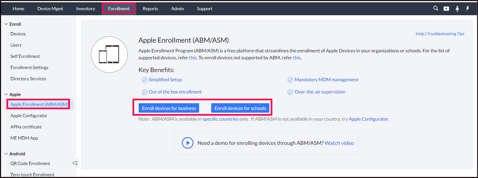 Open Apple Enrollment MDM console at Enrollment > Apple > Apple Enrollment (ABM/ASM) with the business and school options