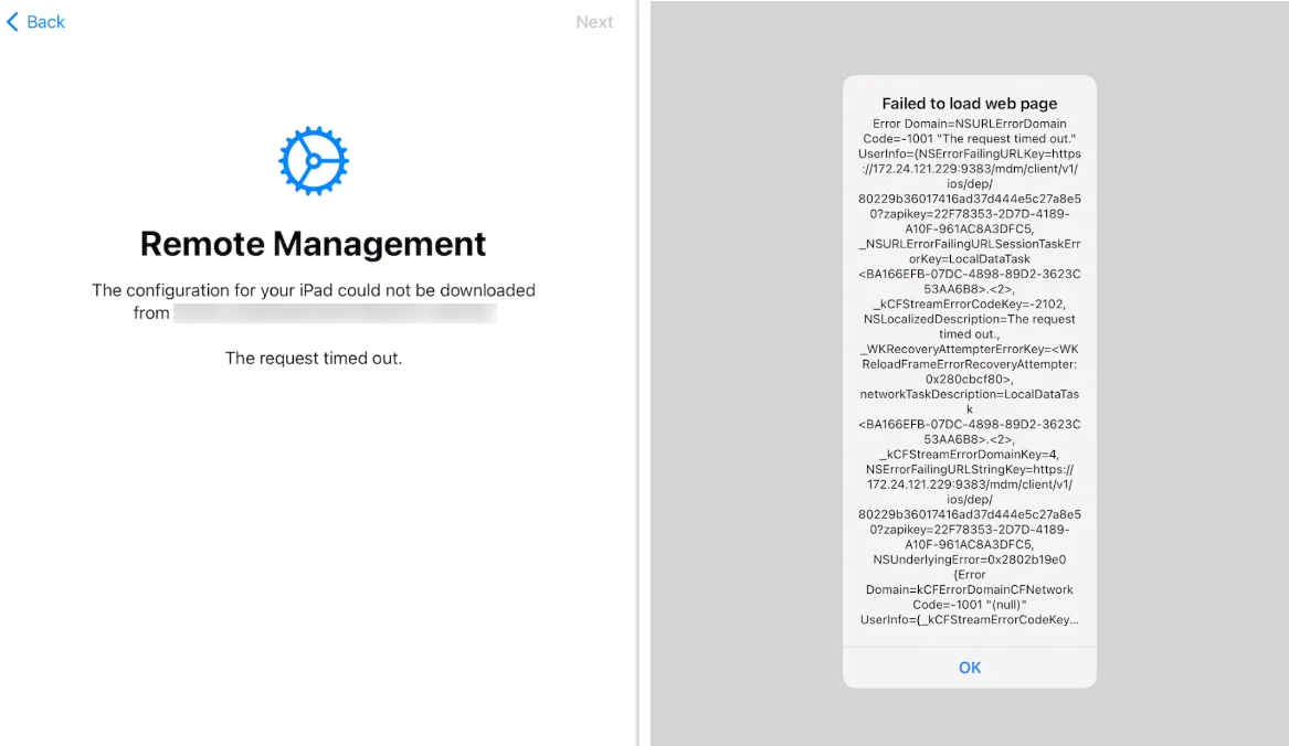 Request timed out Request timed out error during device activation