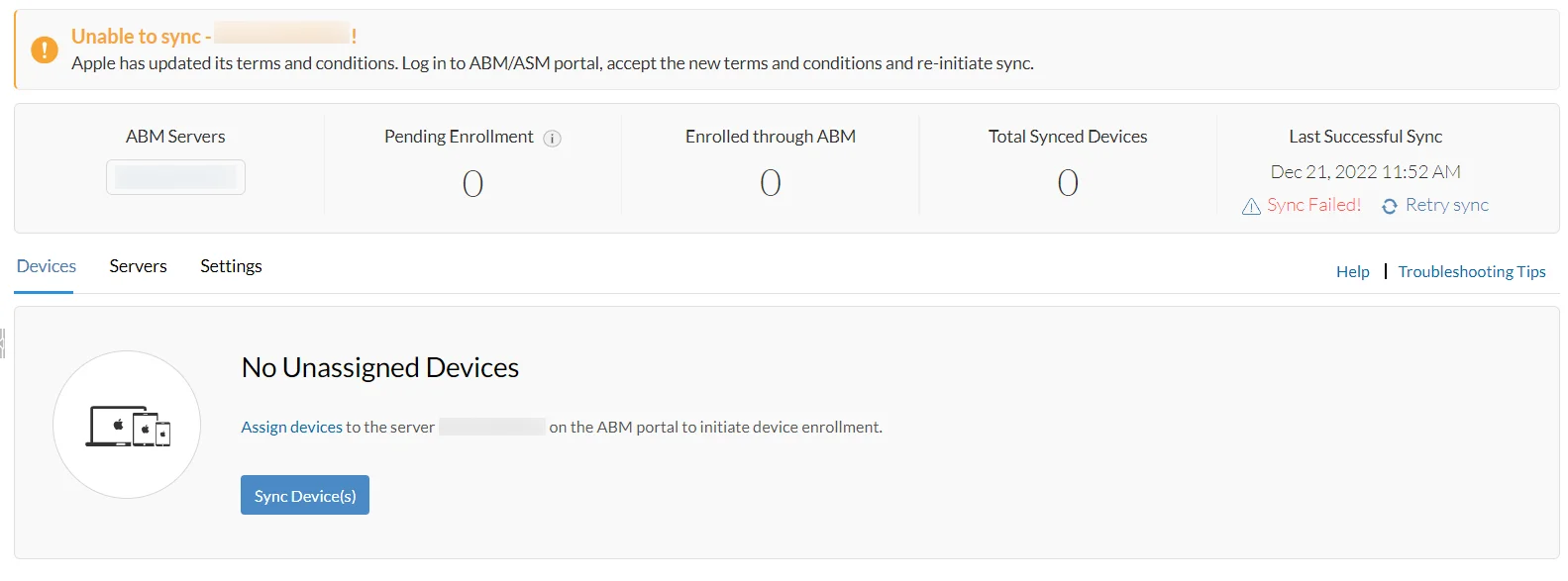 ABM sync error ABM sync error shown when the terms and conditions are not accepted
