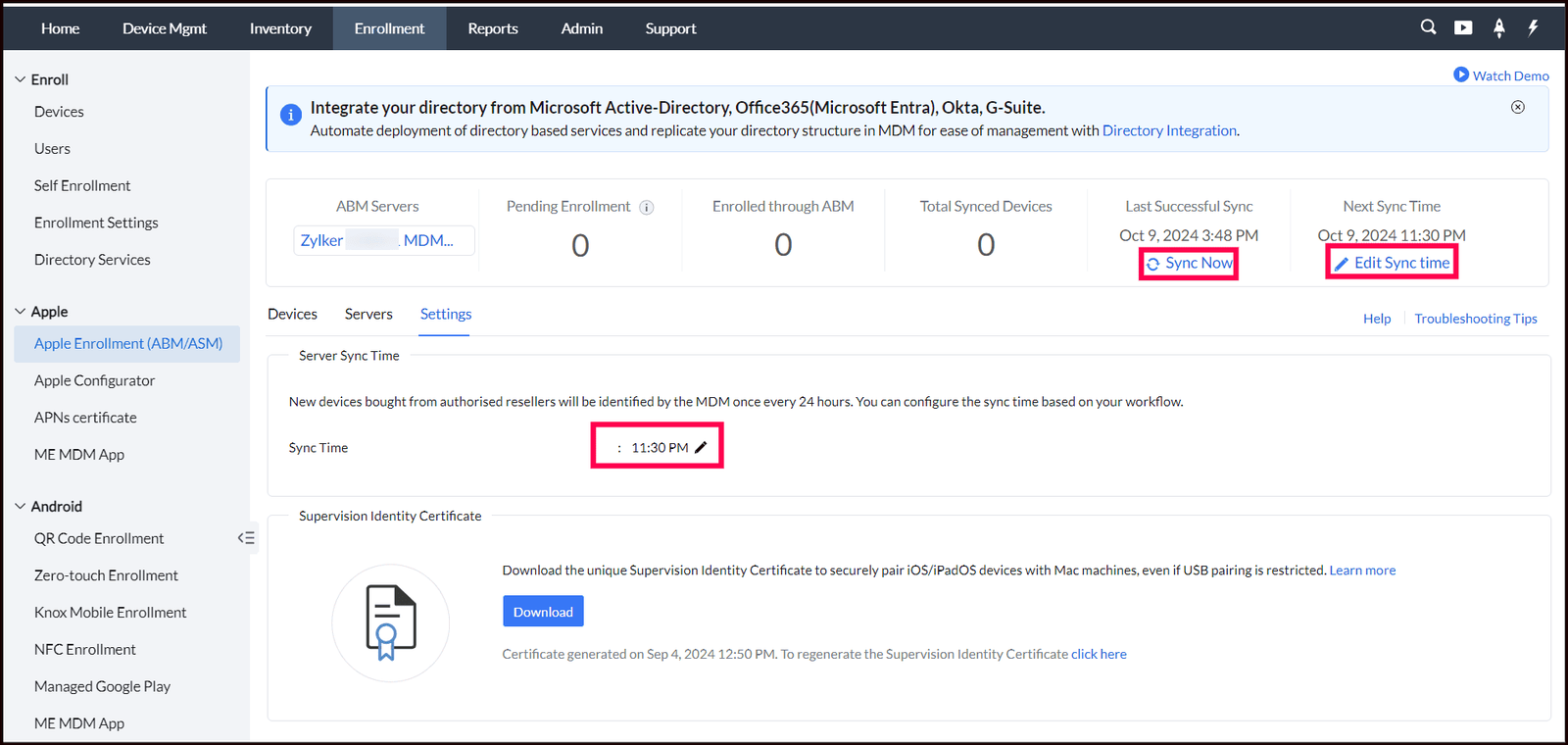 Sync devices Editing the sync schedule and using Sync Now in the MDM console