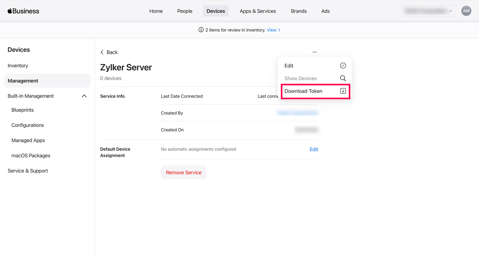 Download server token Downloading the server token from the ABM Device Management Service