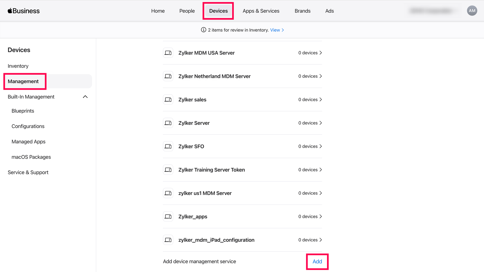Add device management service Creating a Device Management Service in the ABM portal