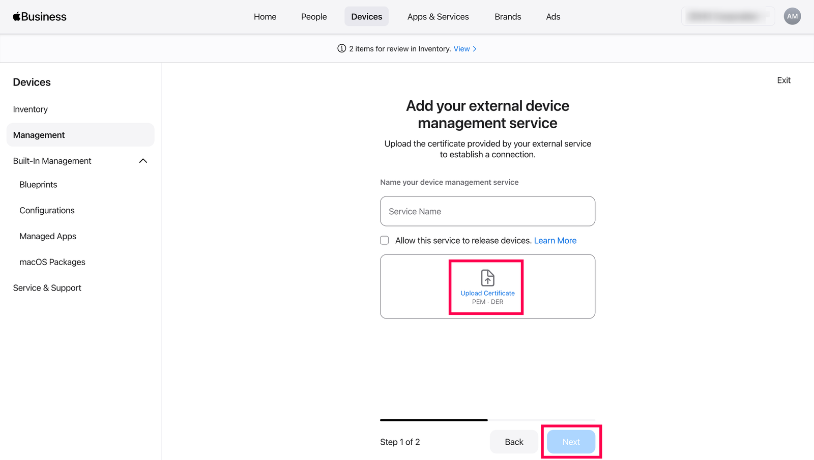 Upload MDM public key Uploading the MDM public key to the Device Management Service in ABM