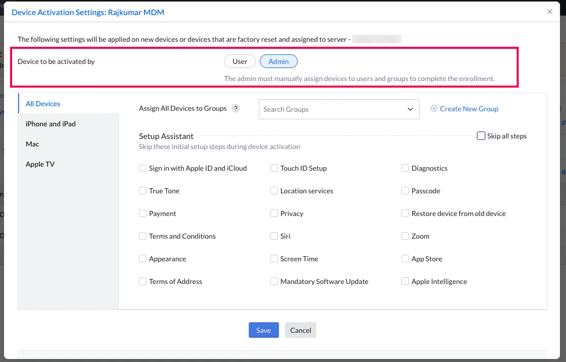 Set device activation to Admin Setting 'Device to be activated by' to Admin in ABM enrollment settings