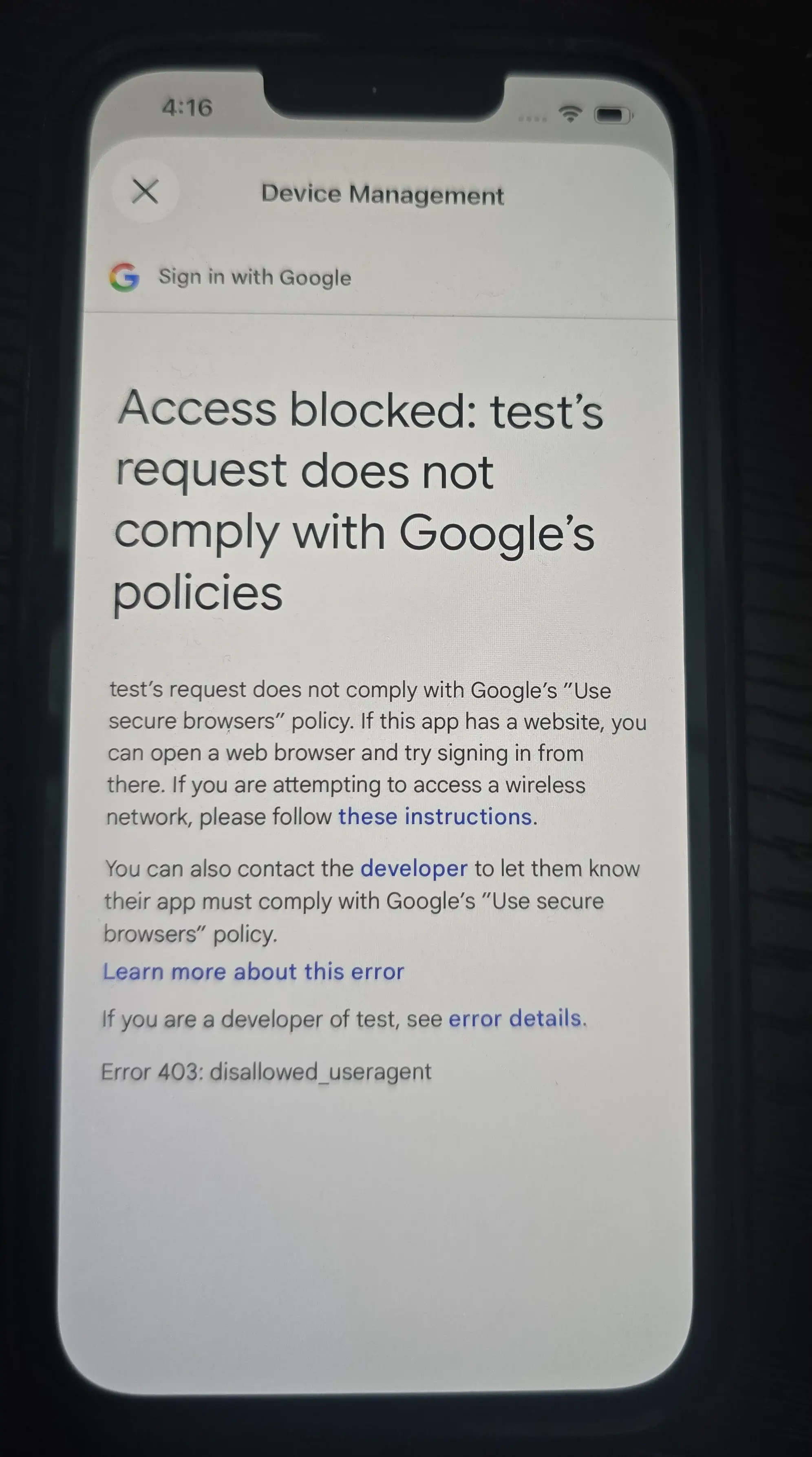 Google Workspace auth error Google Workspace authentication error (Error 403: disallowed_useragent)