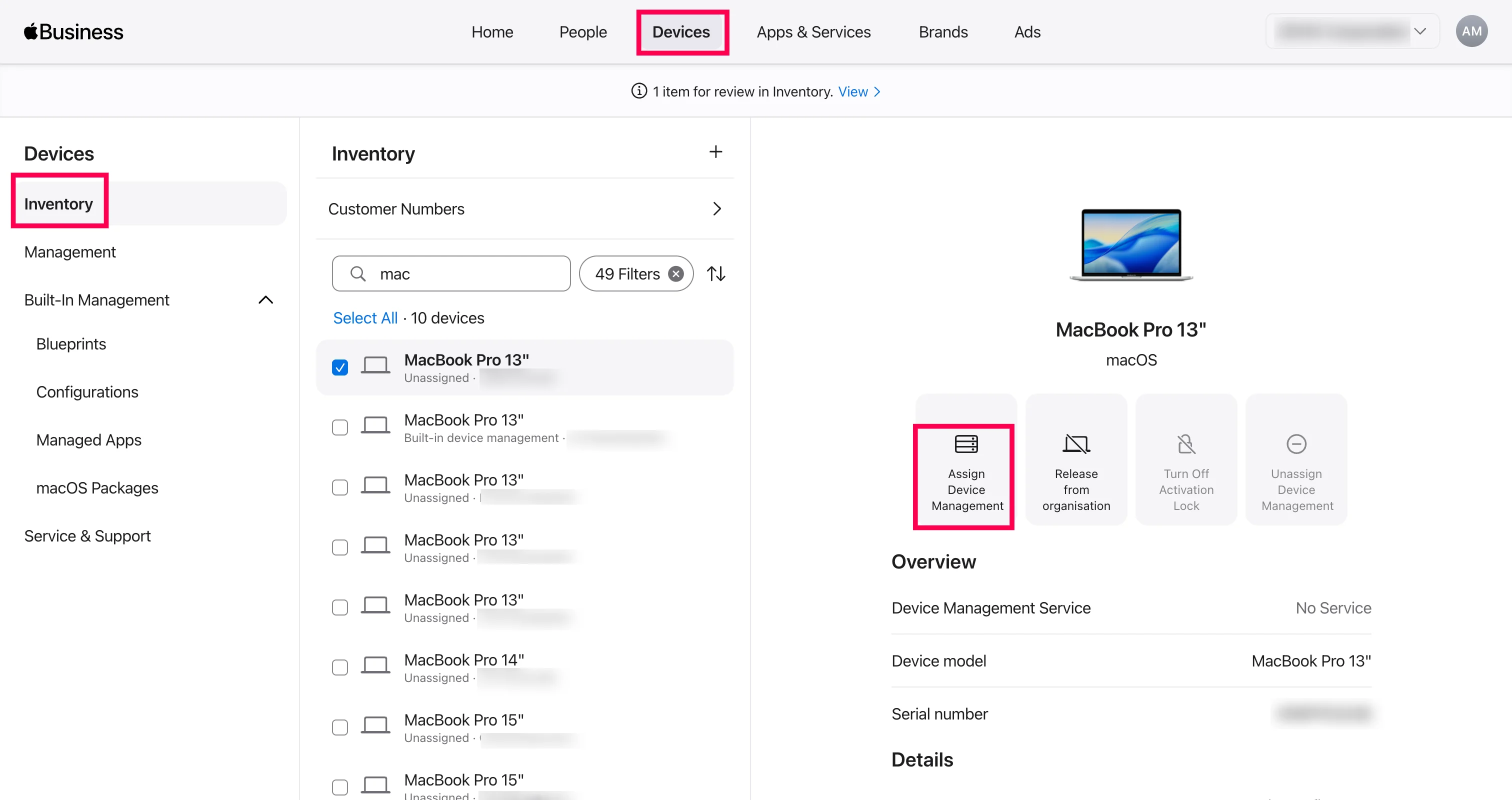 Select the Mac device Selecting the Mac device under Devices > Inventory in ABM