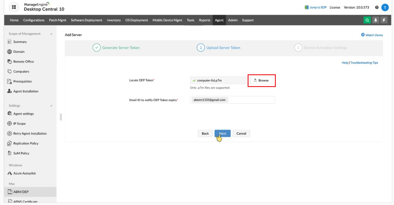 Upload server token Uploading the ABM server token in the MDM console