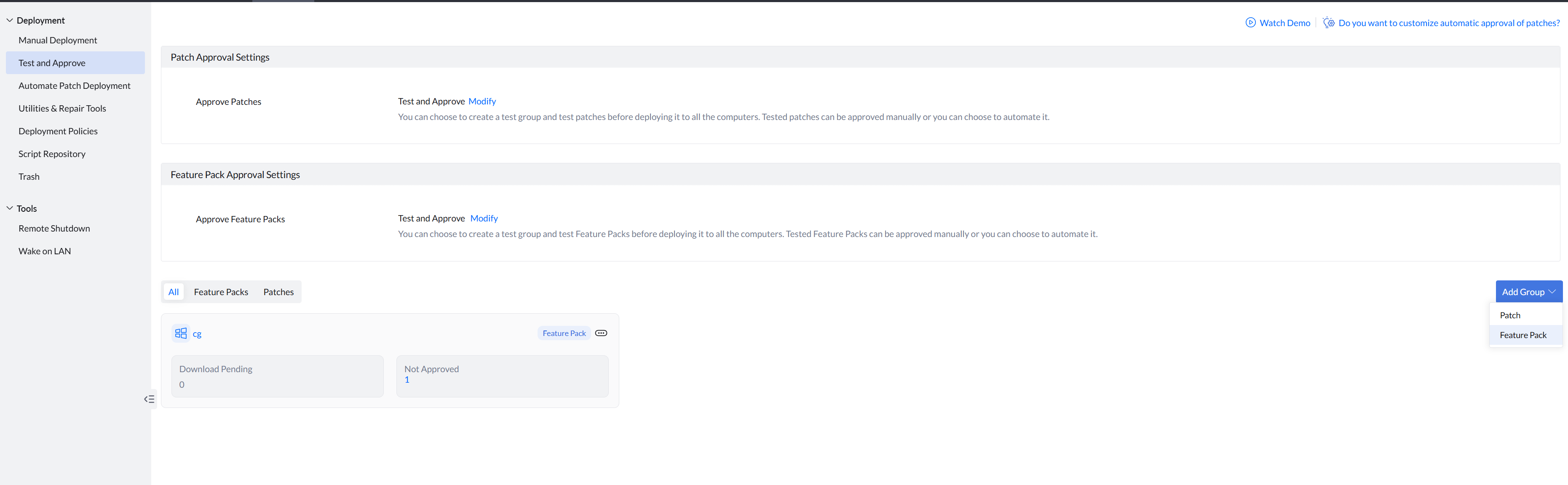 Feature Pack Approval Settings