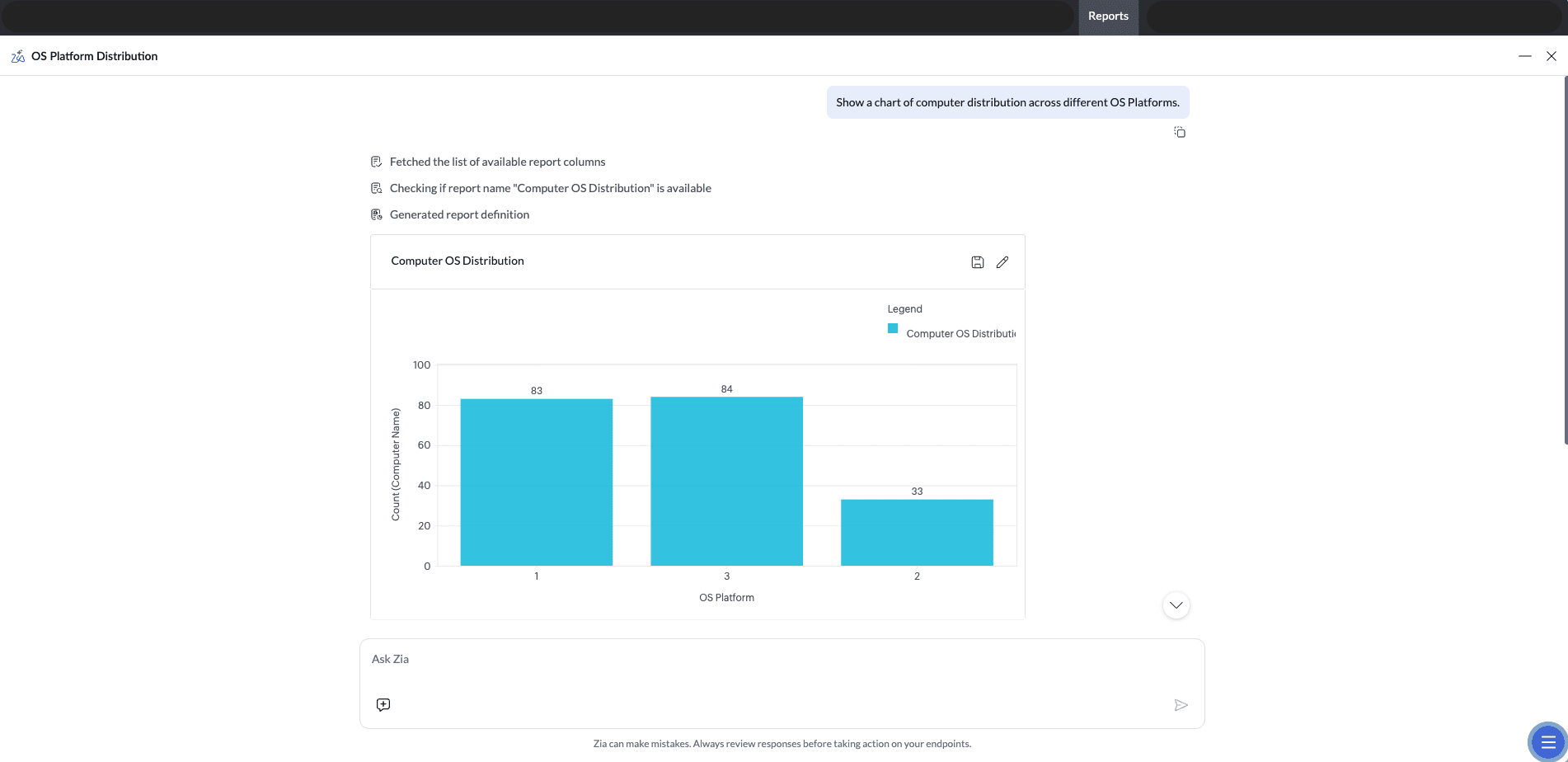 Zia AI based Custom Reports page Zia AI powered custom reports chat