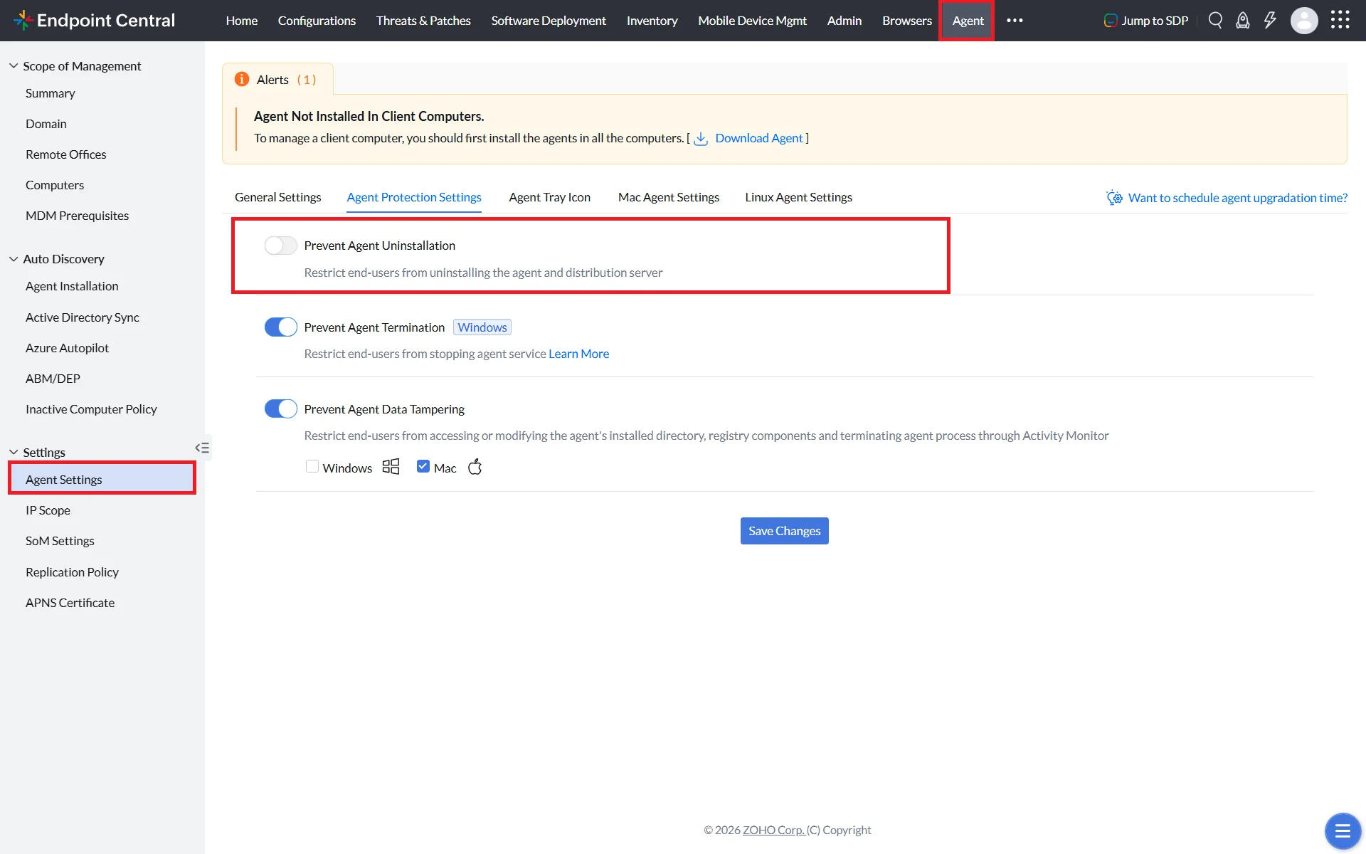 Disable Agent Protection Settings