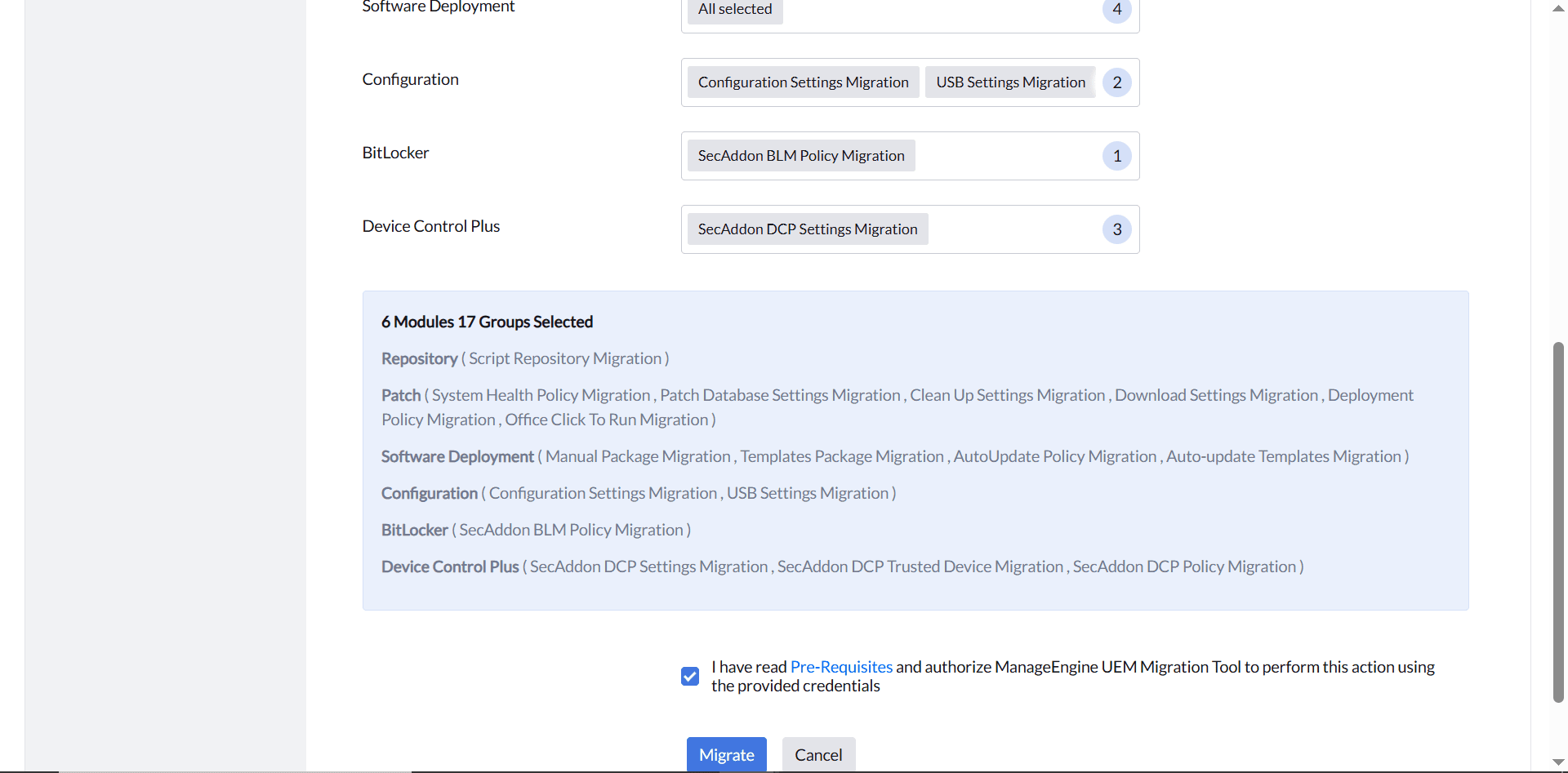 Migration Tool - Prerequisites Pop-up