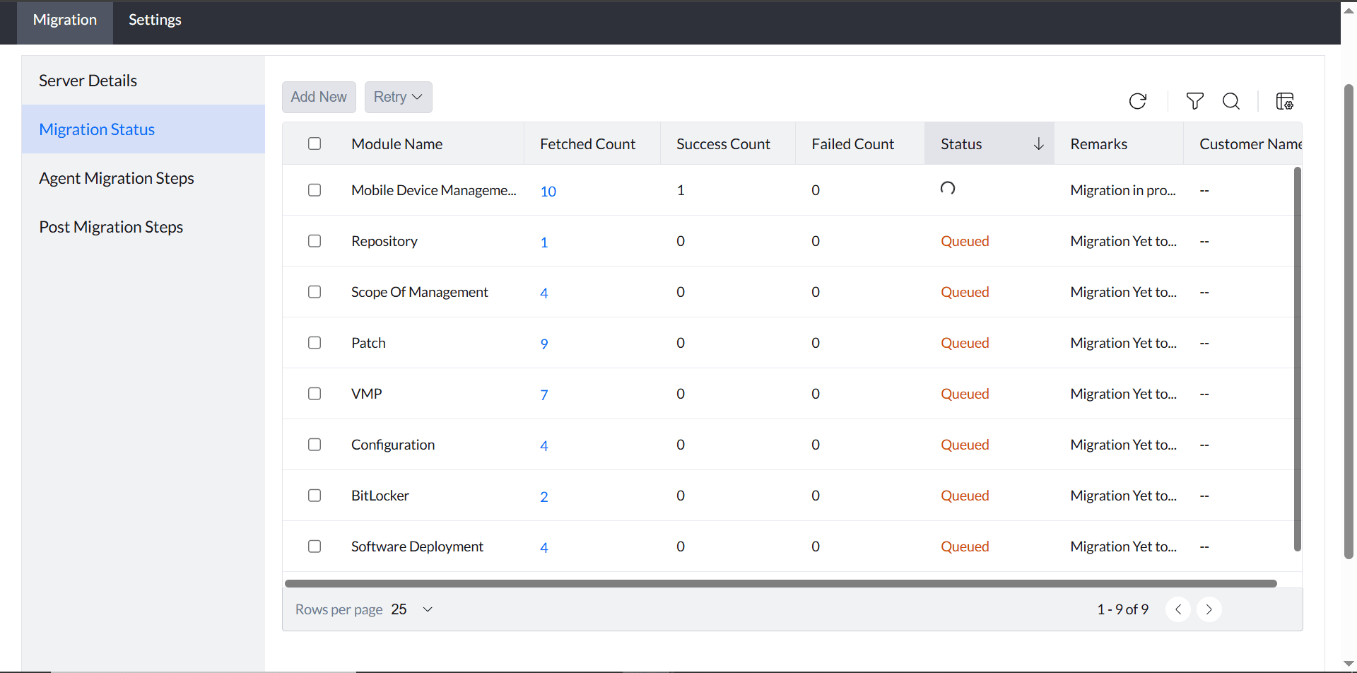 Migration Tool - Migration Status