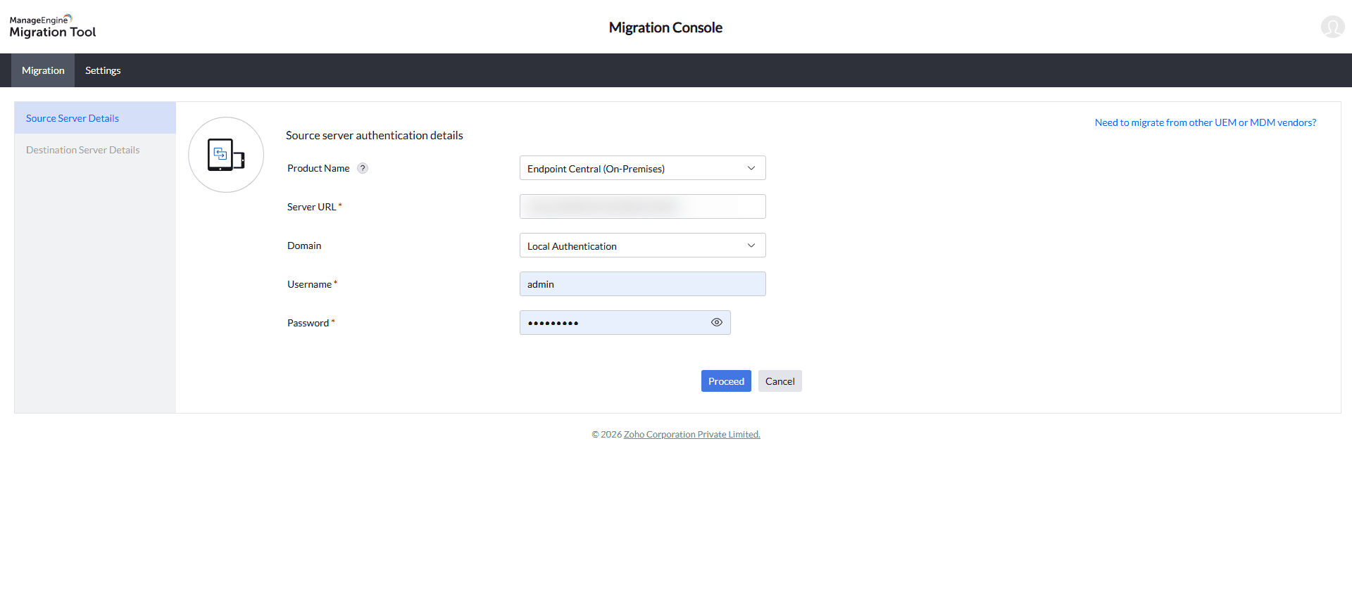 Migration Tool - Source Server Authentication