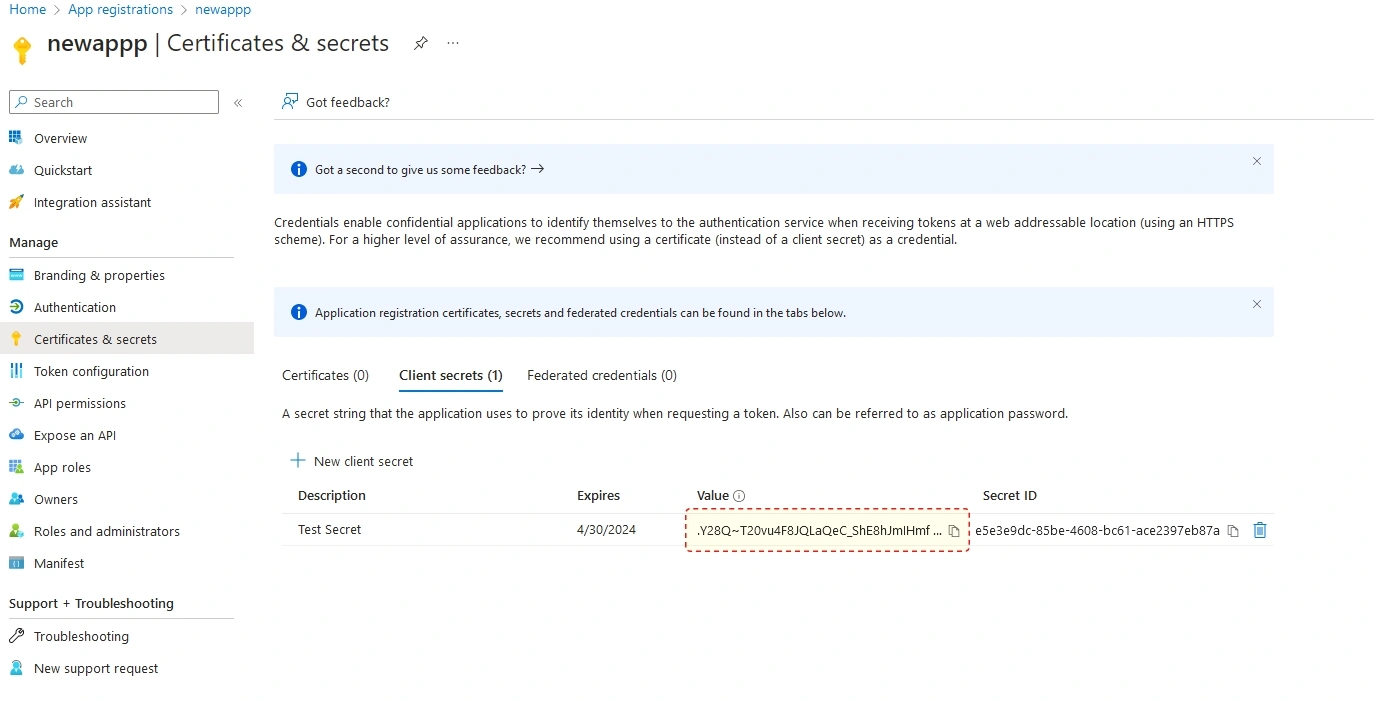 Entering description and expiry period for the new client secret