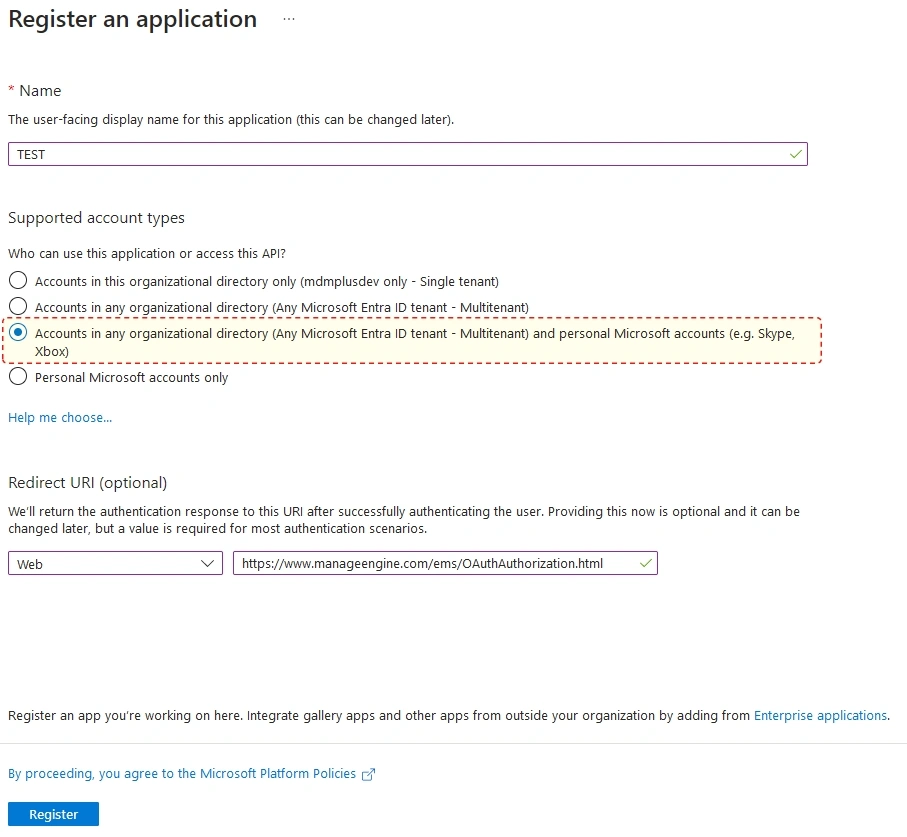 Entering application name and selecting account type during app registration