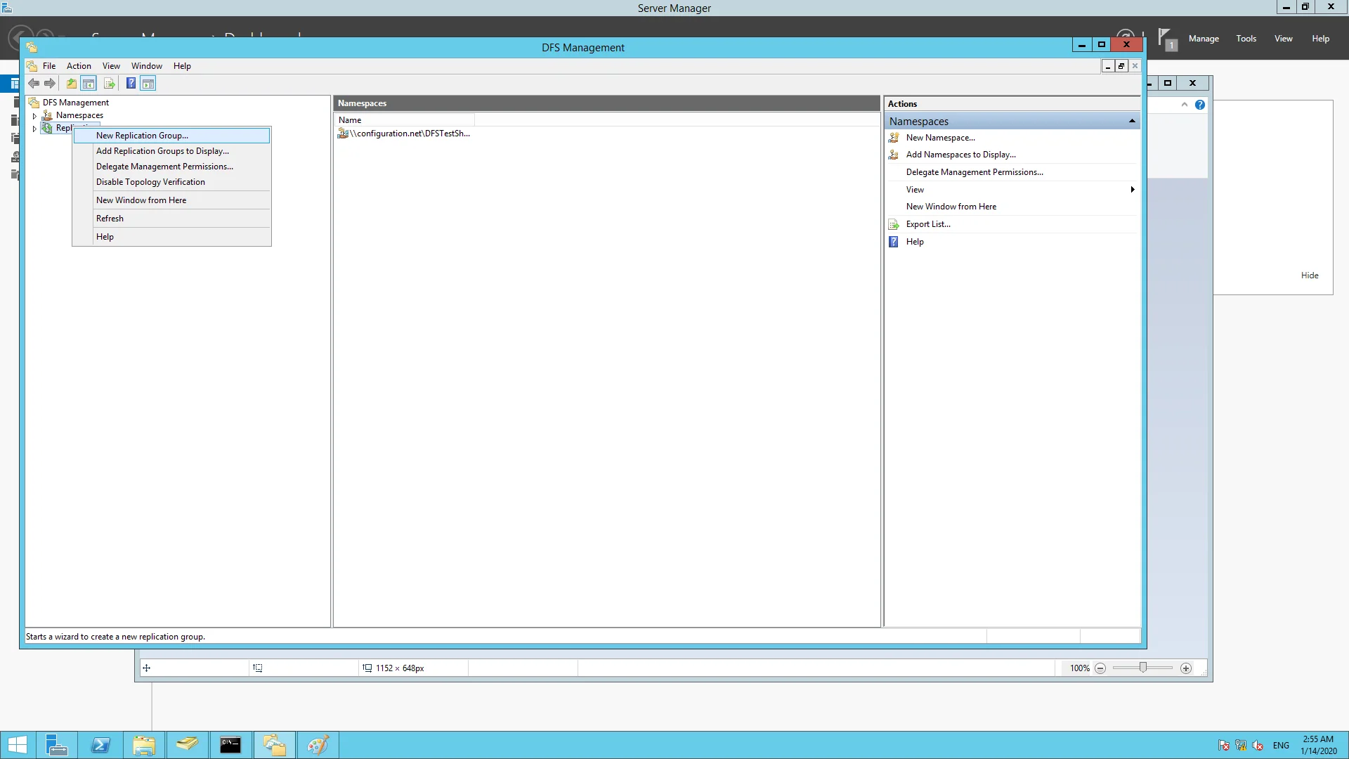 Navigation to configure the DFS Replication Group under DFS Management