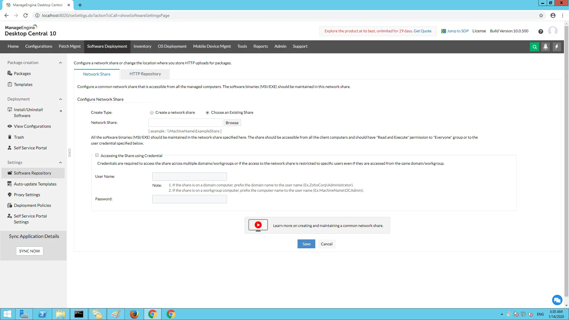 Navigating to Network Share in Software Repository in Endpoint Central.