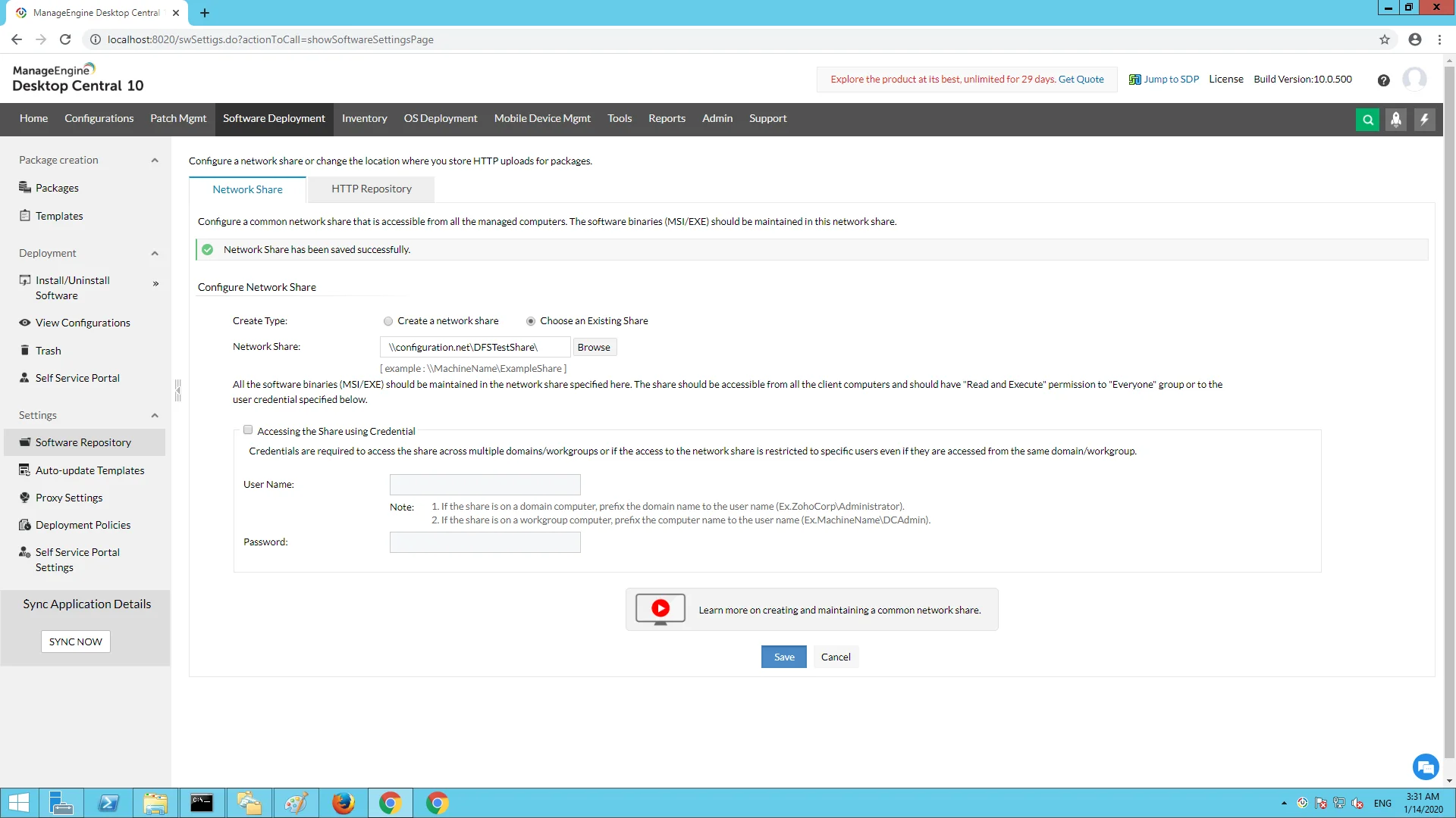 Configuring the DFS shared folder path as the Network Share repository.