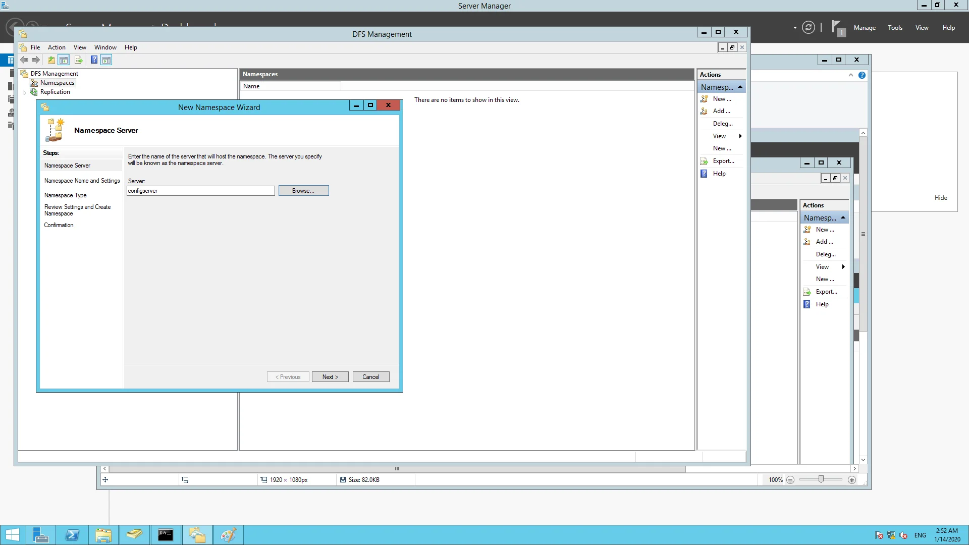 Entering the server's name that will host the namespace.