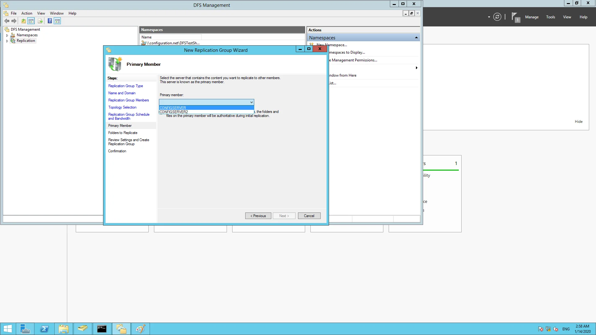 Selecting the primary server and adding a local path of a forlder to replicate.