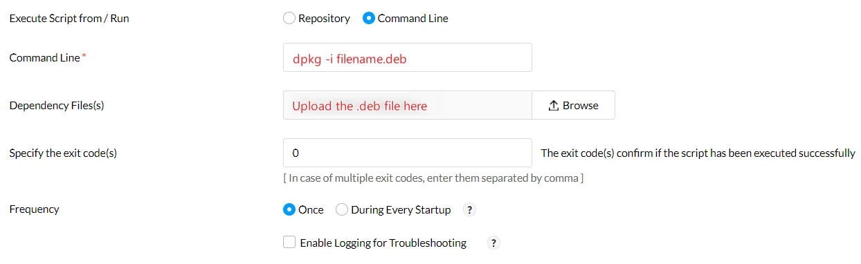 Deploying DEB package using Command Line in Custom Script Configuration Deploying DEB package using Command Line in Custom Script Configuration