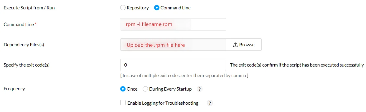 Deploying RPM package using Command Line in Custom Script Configuration Deploying RPM package using Command Line in Custom Script Configuration